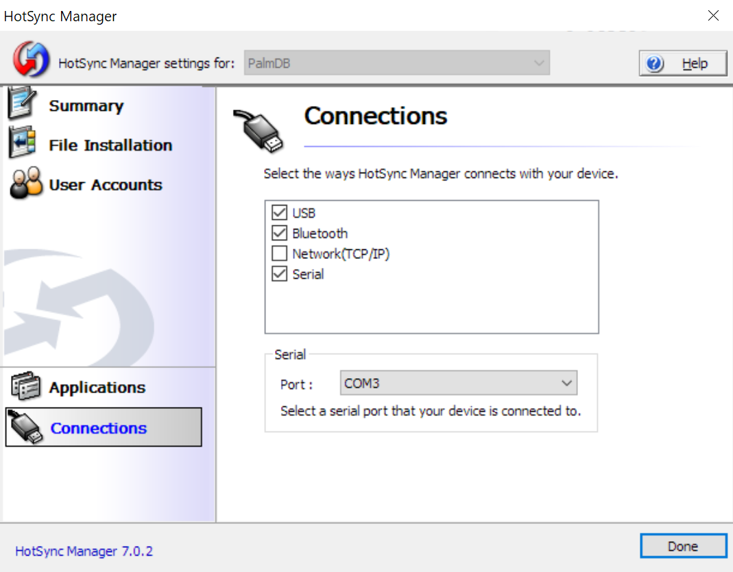 HotSync Manager Connections